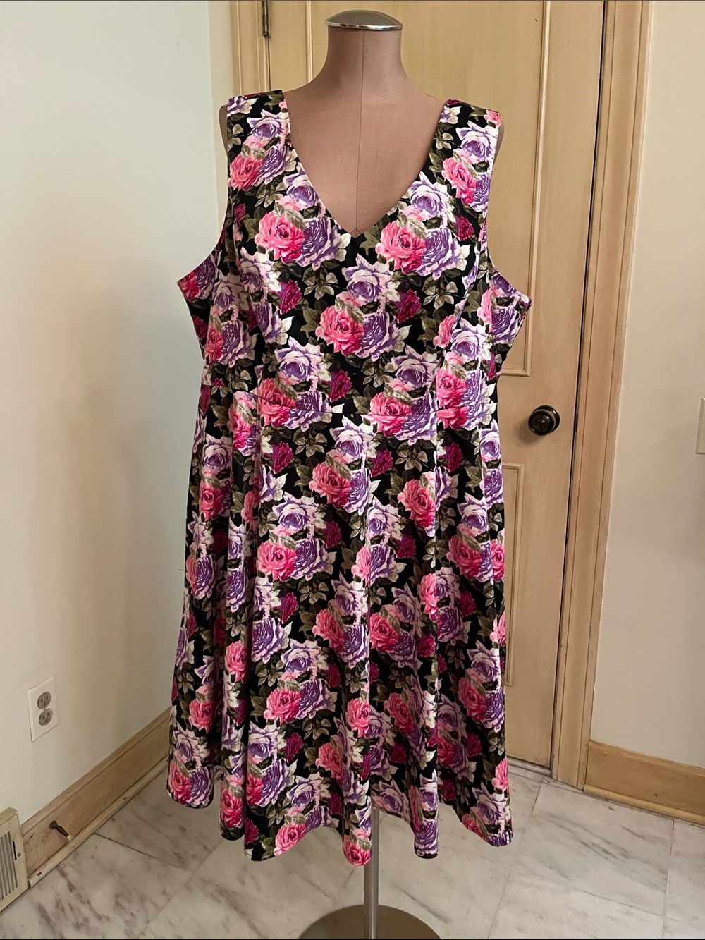 EVA ROSE Garden Party Pink & Purple Floral Sleeveless V-Neck Cotton Dress SZ 3X